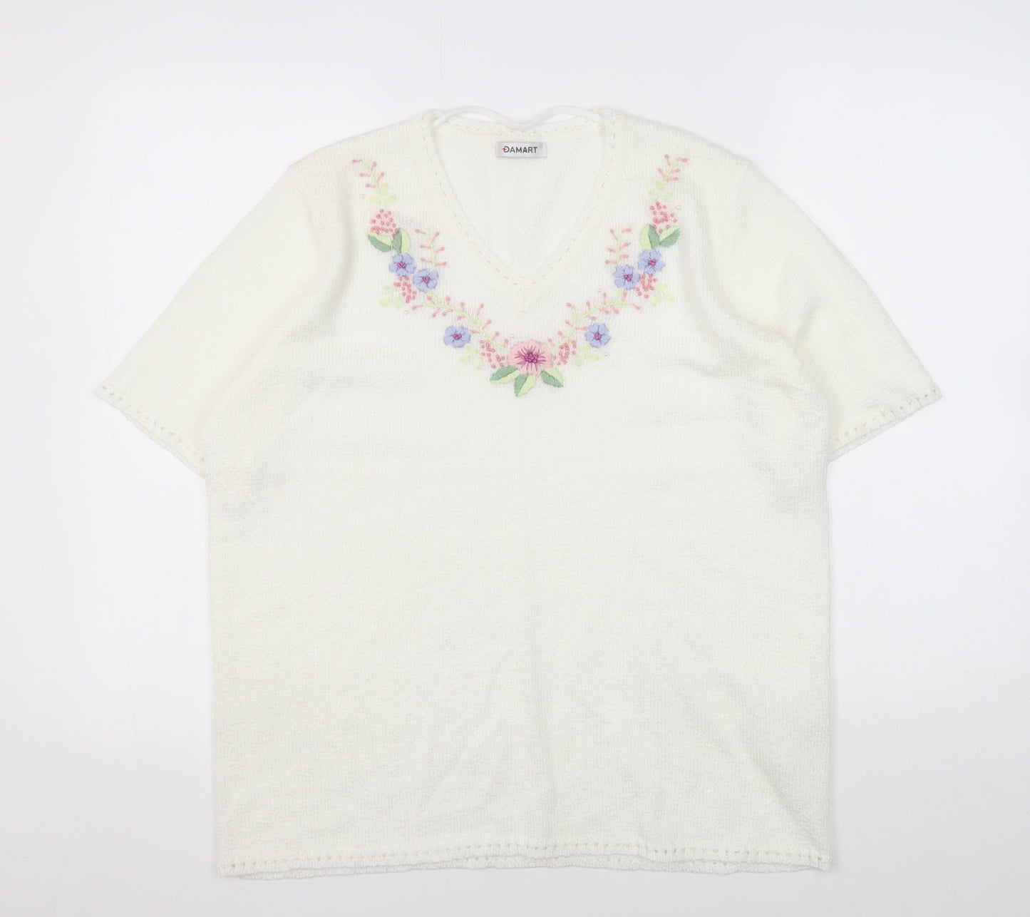 Damart Women's Ivory Floral V-Neck Pullover M