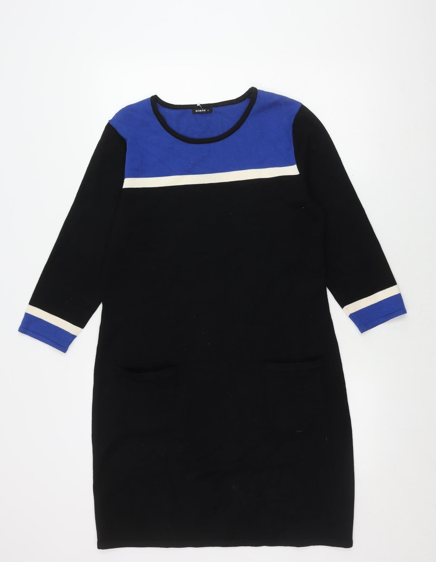 Roman Women's Black Blue Colourblock Pocket Dress Size 14