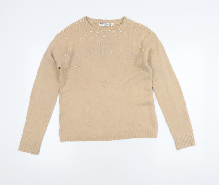 Brave Soul Women's Beige Pullover Beaded Jumper, Size S