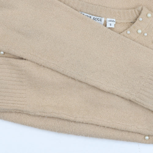 Brave Soul Women's Beige Pullover Beaded Jumper, Size S