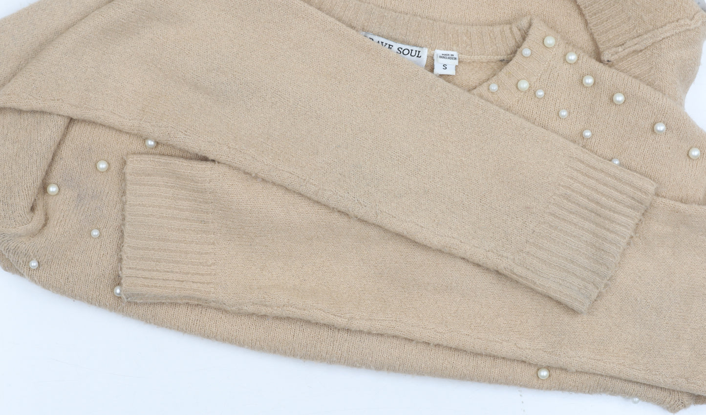 Brave Soul Women's Beige Pullover Beaded Jumper, Size S