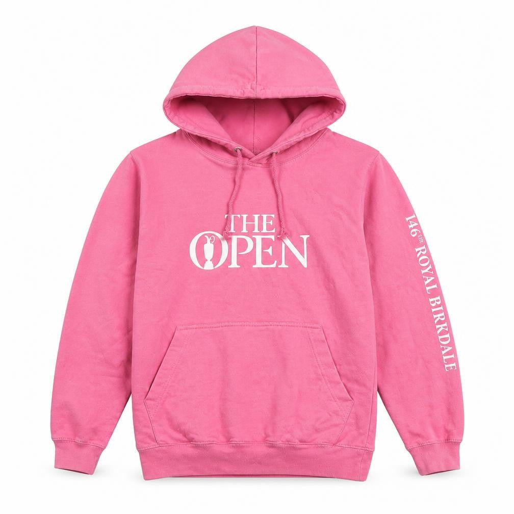 Front view of The Open Pink unisex hoodie l graphic print