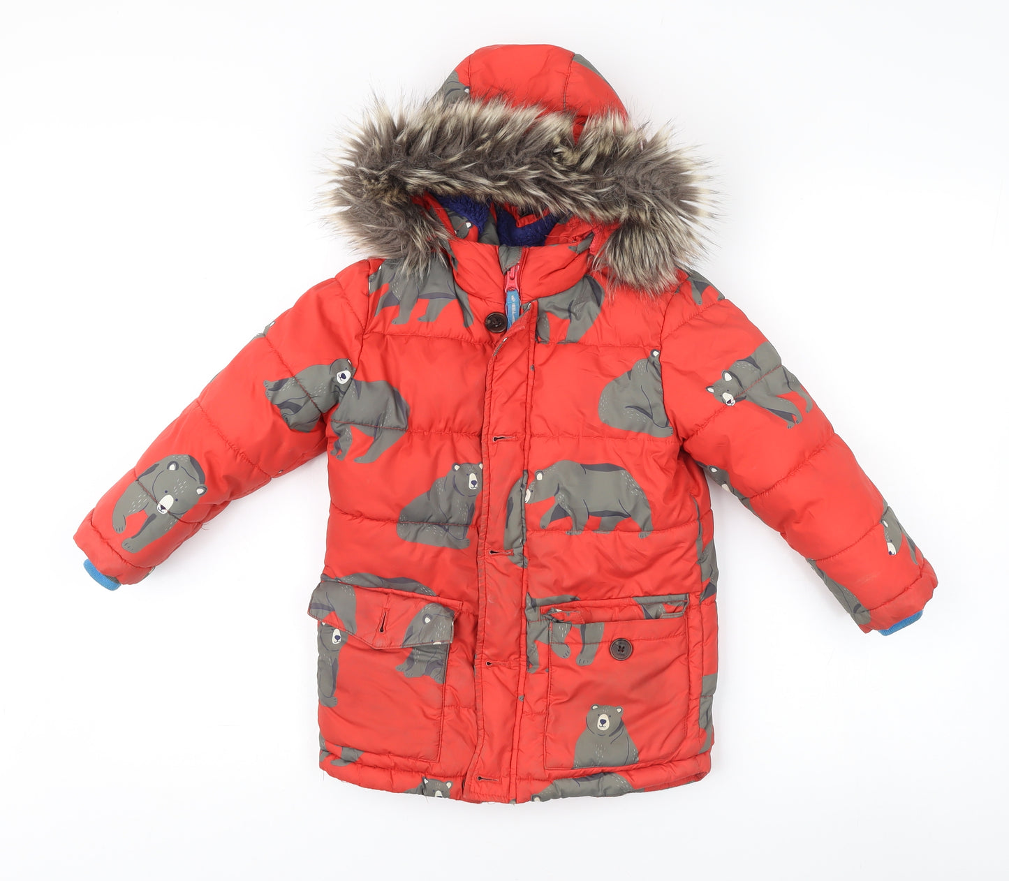 Boden Boys Red Animal Print Puffer Jacket 3-4 Years