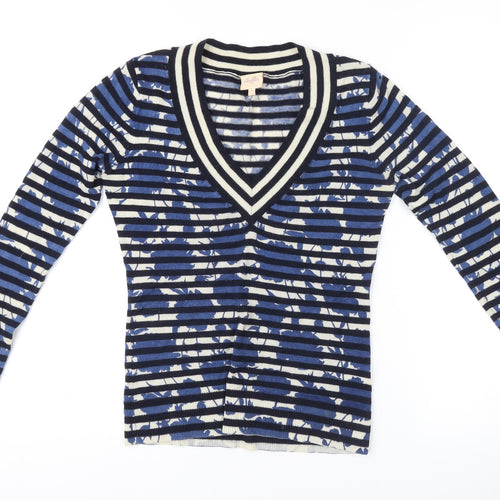 Whistles Women's Blue Striped V-Neck Jumper Size 2