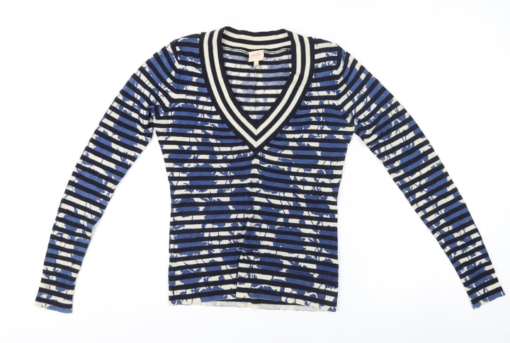 Whistles Women's Blue Striped V-Neck Jumper Size 2