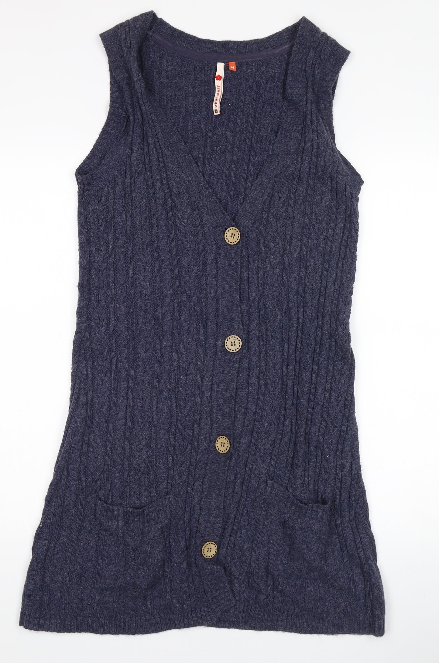 White Stuff Women's Blue Cable-Knit V-Neck Vest Size 14