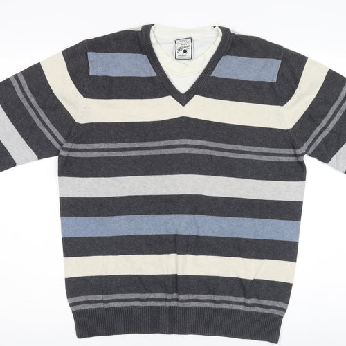 Next Men's Grey Striped V-Neck Pullover Jumper M
