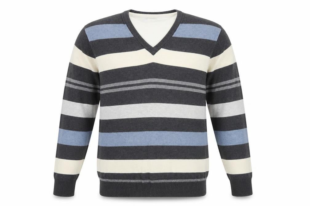 Front view of Next Men's Grey Striped V-Neck jumper M