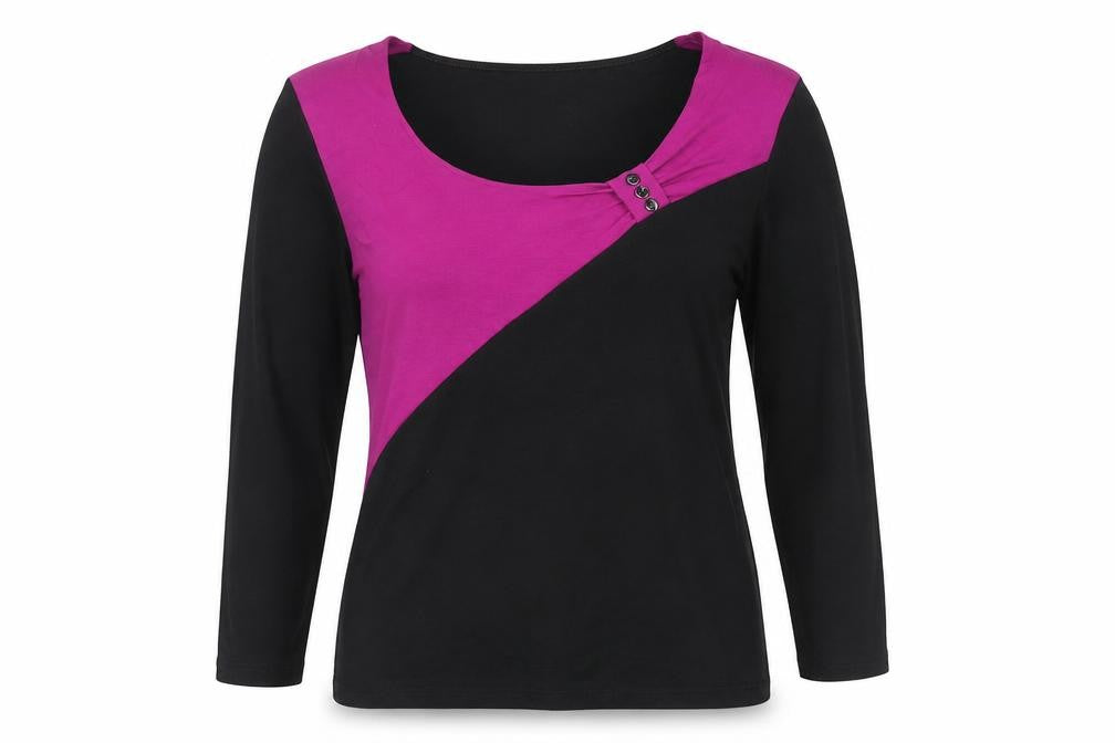 Front view of Precis Women's Black Pink 3/4 Sleeve Colourblock Top