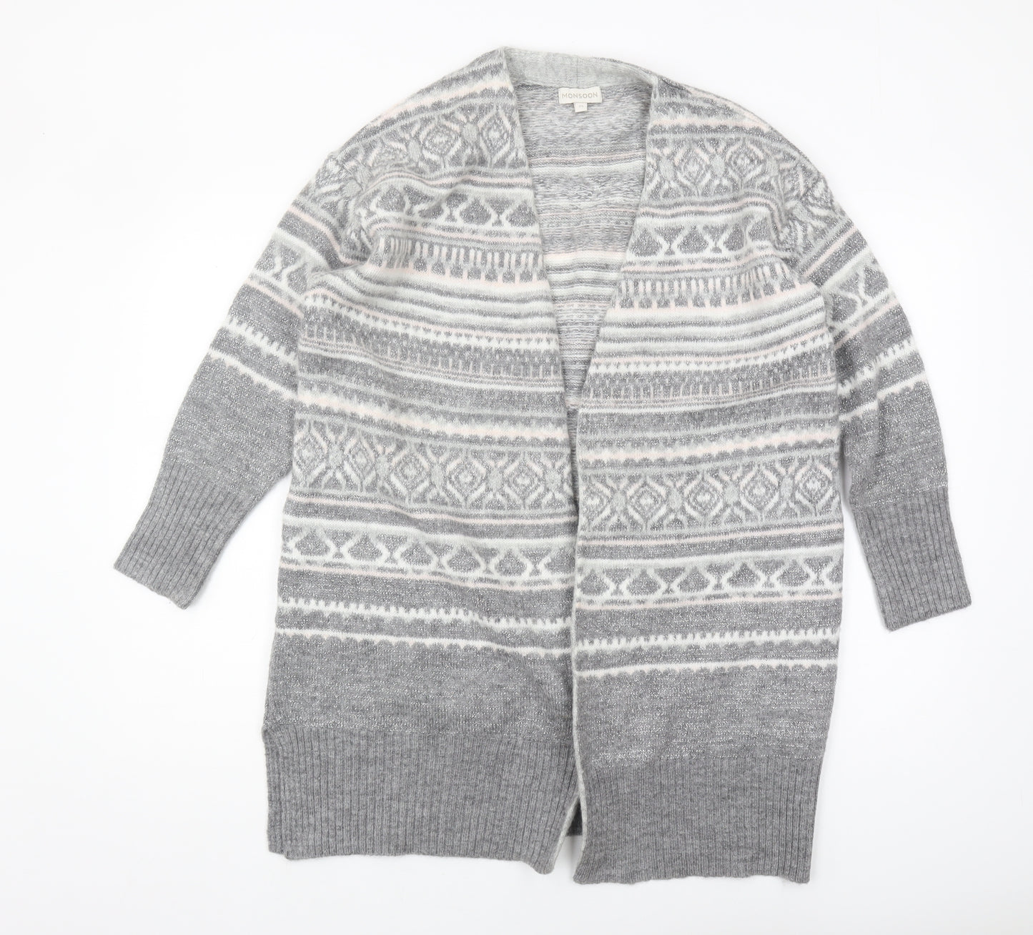 Monsoon Women's Grey Cardigan M Chunky Knit Fair Isle
