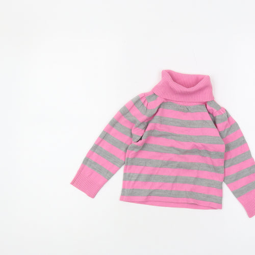 Marks and Spencer Girls Striped Roll Neck Jumper Pink Grey 2-3 Years