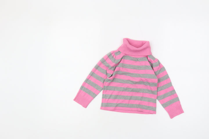 Marks and Spencer Girls Striped Roll Neck Jumper Pink Grey 2-3 Years