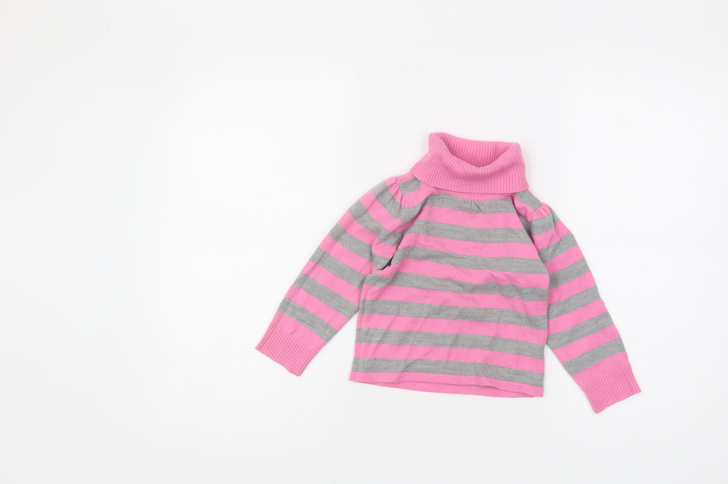 Marks and Spencer Girls Striped Roll Neck Jumper Pink Grey 2-3 Years