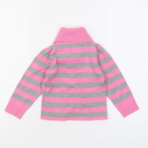 Marks and Spencer Girls Striped Roll Neck Jumper Pink Grey 2-3 Years