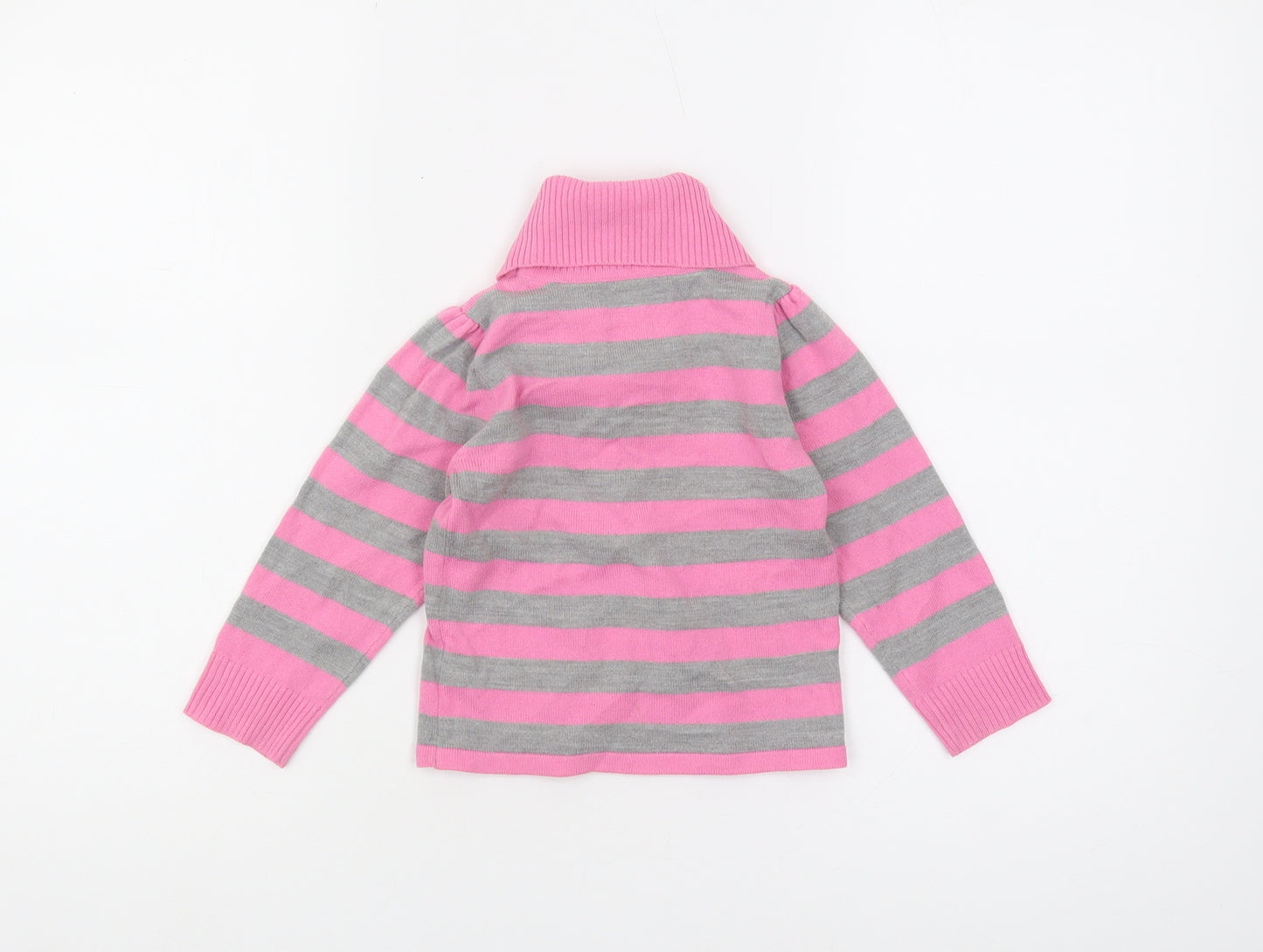 Marks and Spencer Girls Striped Roll Neck Jumper Pink Grey 2-3 Years