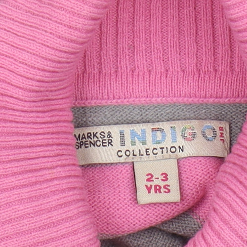 Marks and Spencer Girls Striped Roll Neck Jumper Pink Grey 2-3 Years