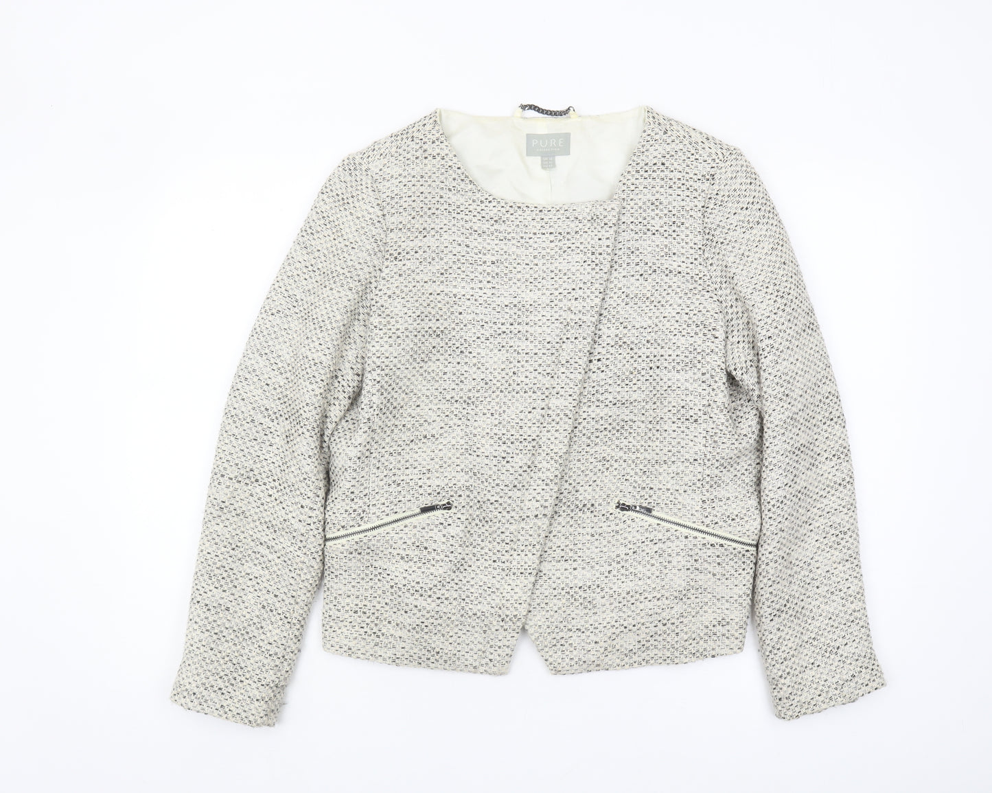 PURE Women's Grey Tweed Jacket Size 16 with Zipped Pockets