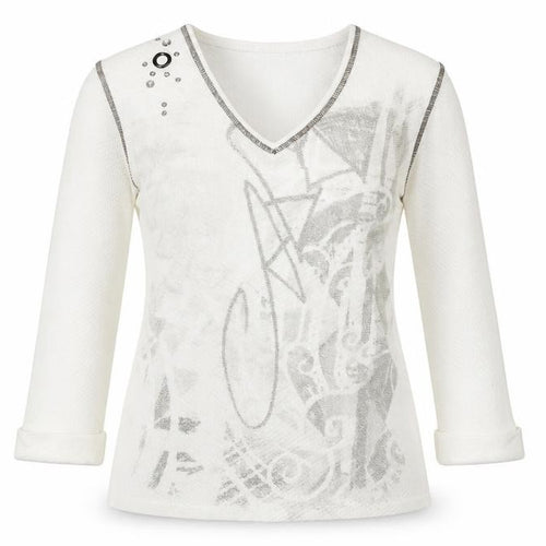 Faber Women's White Geometric Studded 3/4 Sleeve T-Shirt