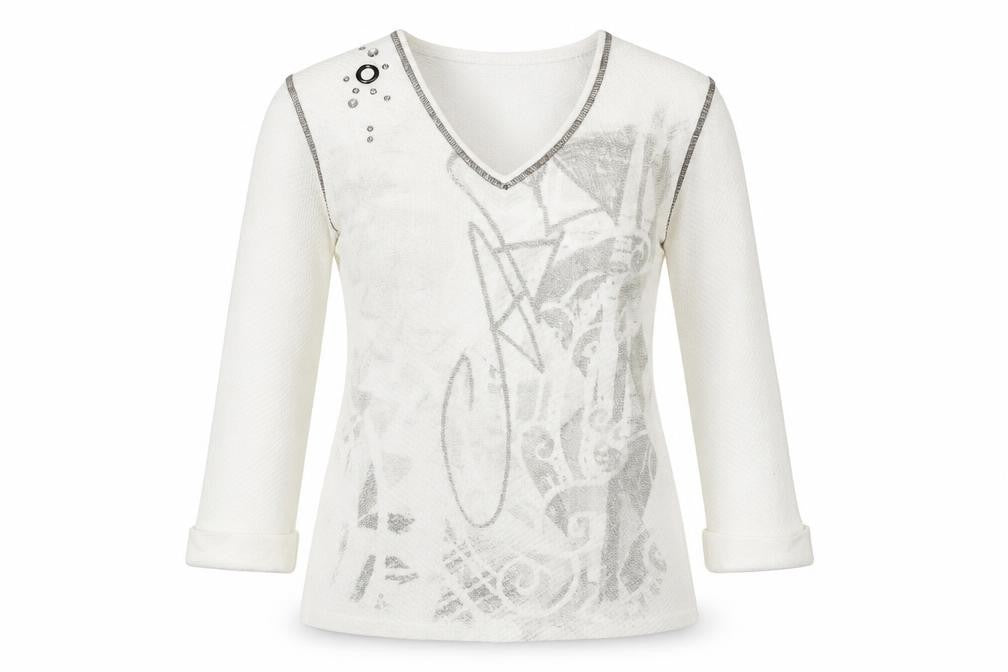 Faber Women's White Geometric Studded 3/4 Sleeve T-Shirt