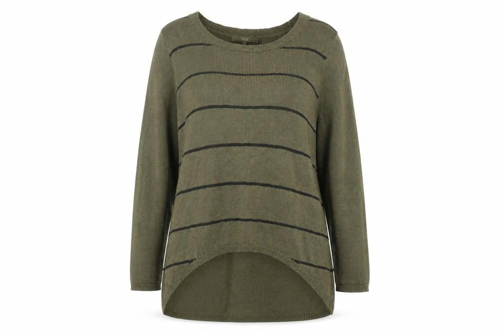 Front view of Next Women's Green Striped Jumper, size 14, 3/4 Sleeve, Lightweight