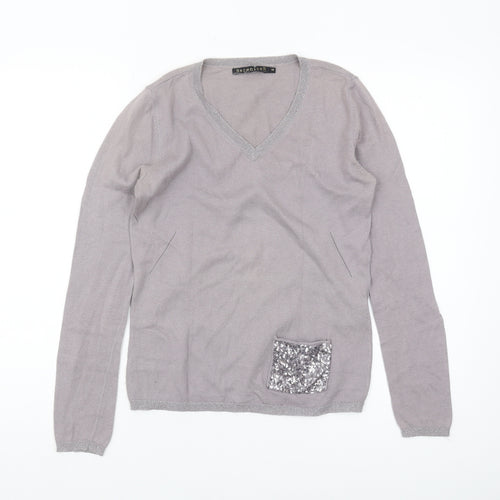 Berenice Women's Grey V-Neck Sequin Pullover, Size S