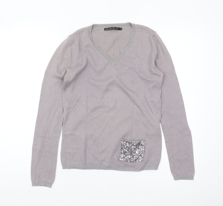 Berenice Women's Grey V-Neck Sequin Pullover, Size S