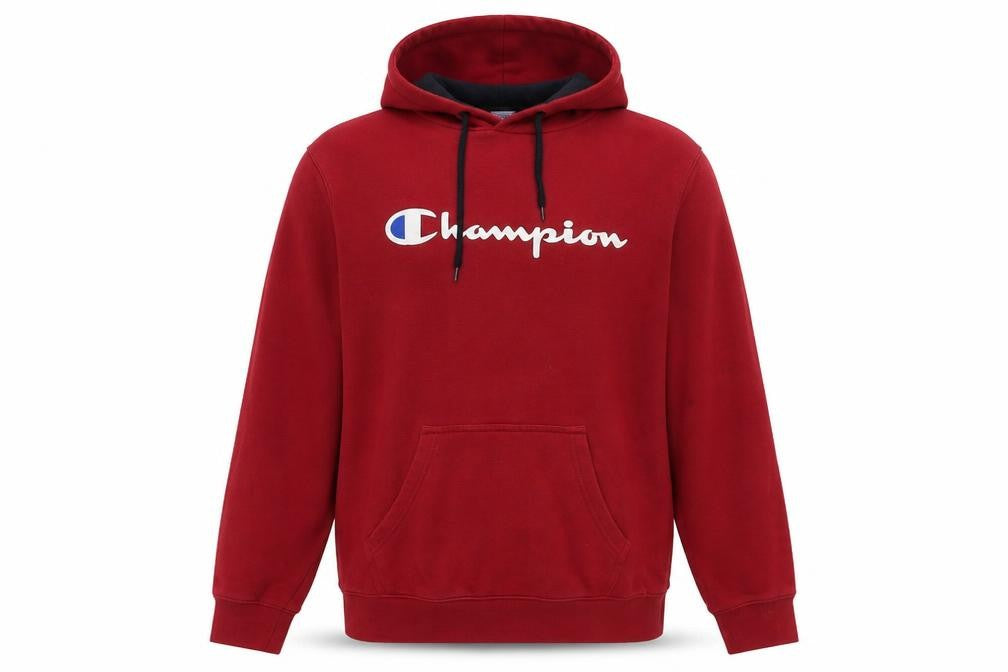 Front view of Champion Men's Red Pullover Hoodie - Small, Logo Accent