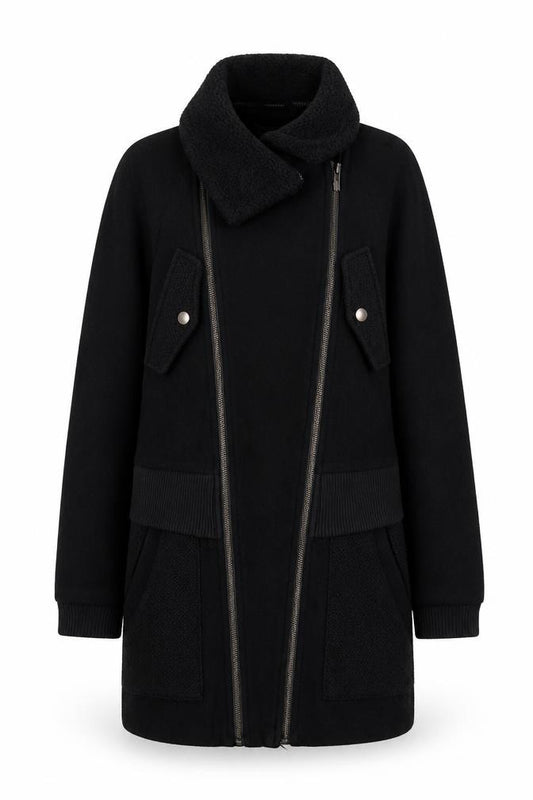 Front view of Warehouse Women's Black Wool Overcoat, size 8