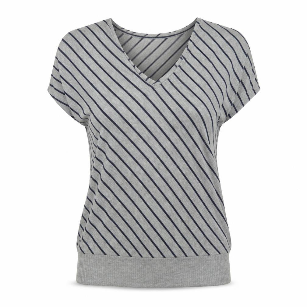 Front view of Timing Women's Grey Striped V-Neck Top, size S