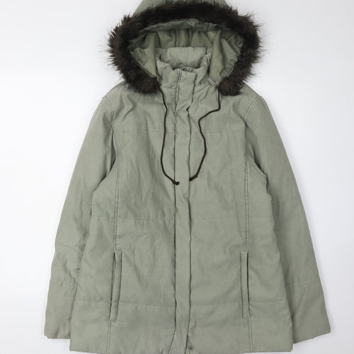 Debenhams Women's Green Parka Coat, Size 12, Fur Trim Hood