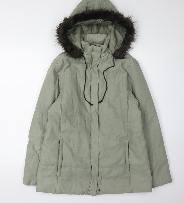 Debenhams Women's Green Parka Coat, Size 12, Fur Trim Hood