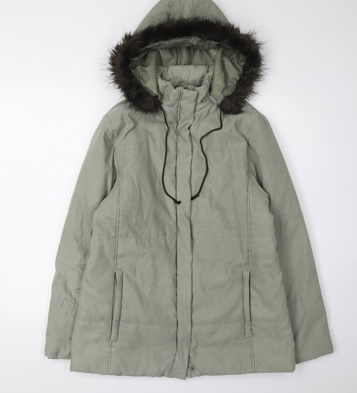 Debenhams Women's Green Parka Coat, Size 12, Fur Trim Hood