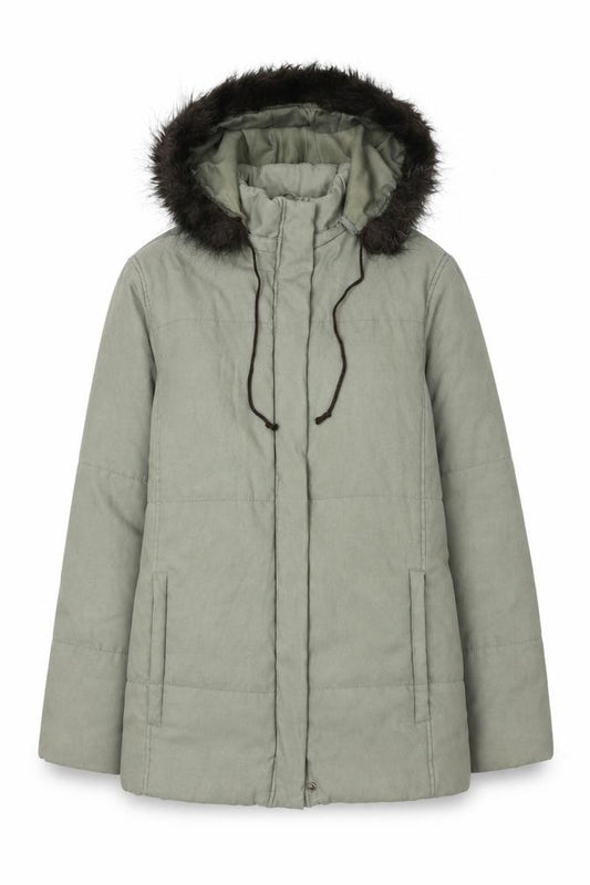 Front view of Debenhams Women's Green Parka Coat, size 12, Fur Trim Hood
