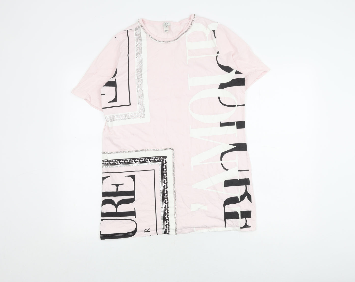River Island Women's Pink Rhinestone T-Shirt - Size 10