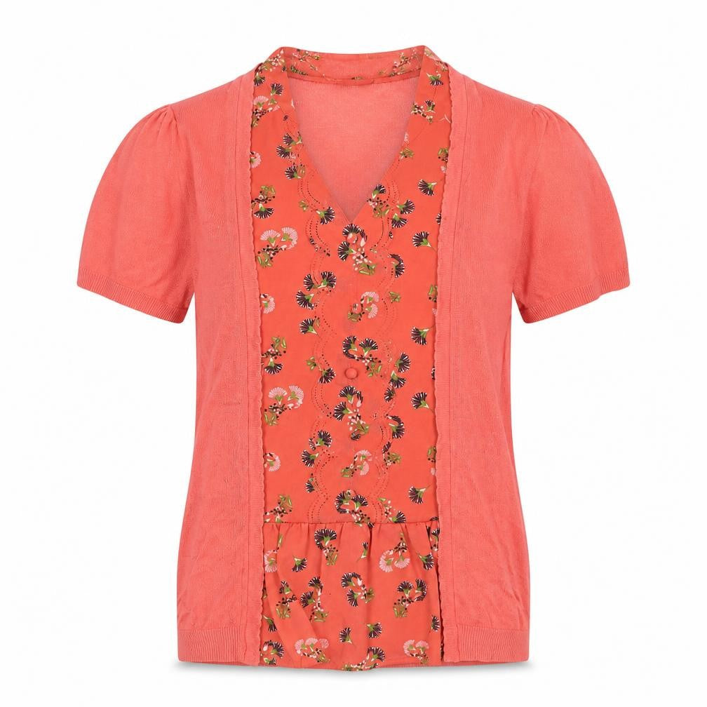 Front view of Next Women's Pink Floral Knit Top, size 8, Short Sleeve