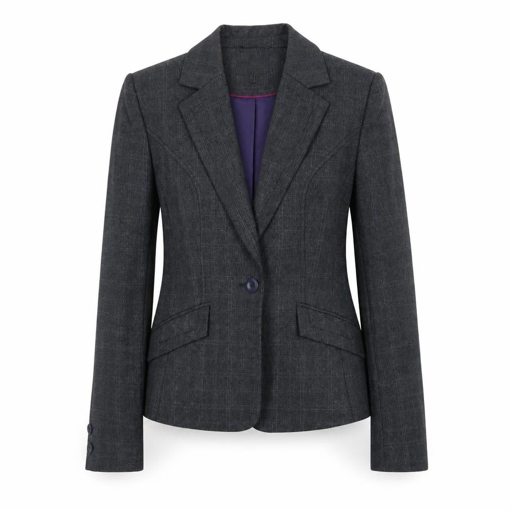 Front view of Next Women's Grey Check Blazer, size 8, Single-Breasted