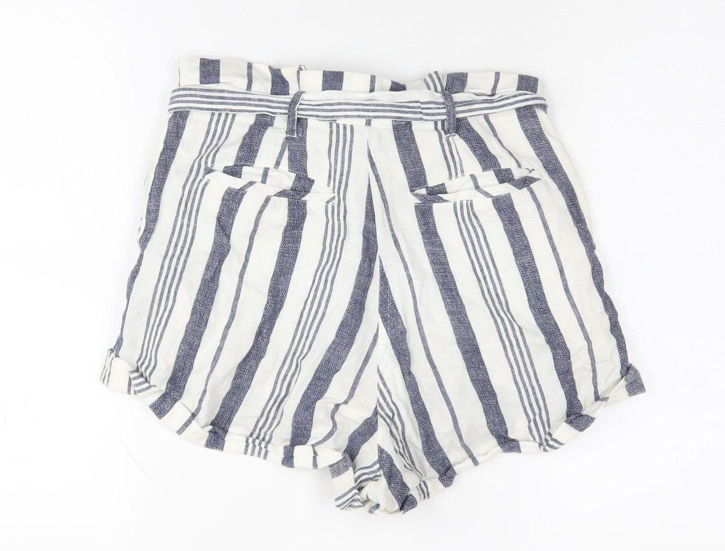Topshop Women's Blue Striped Paperbag Shorts, Size 6