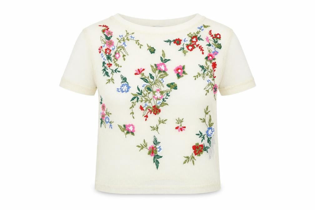 Front view of Light Before Dark Women's Ivory Cropped Floral Top XS