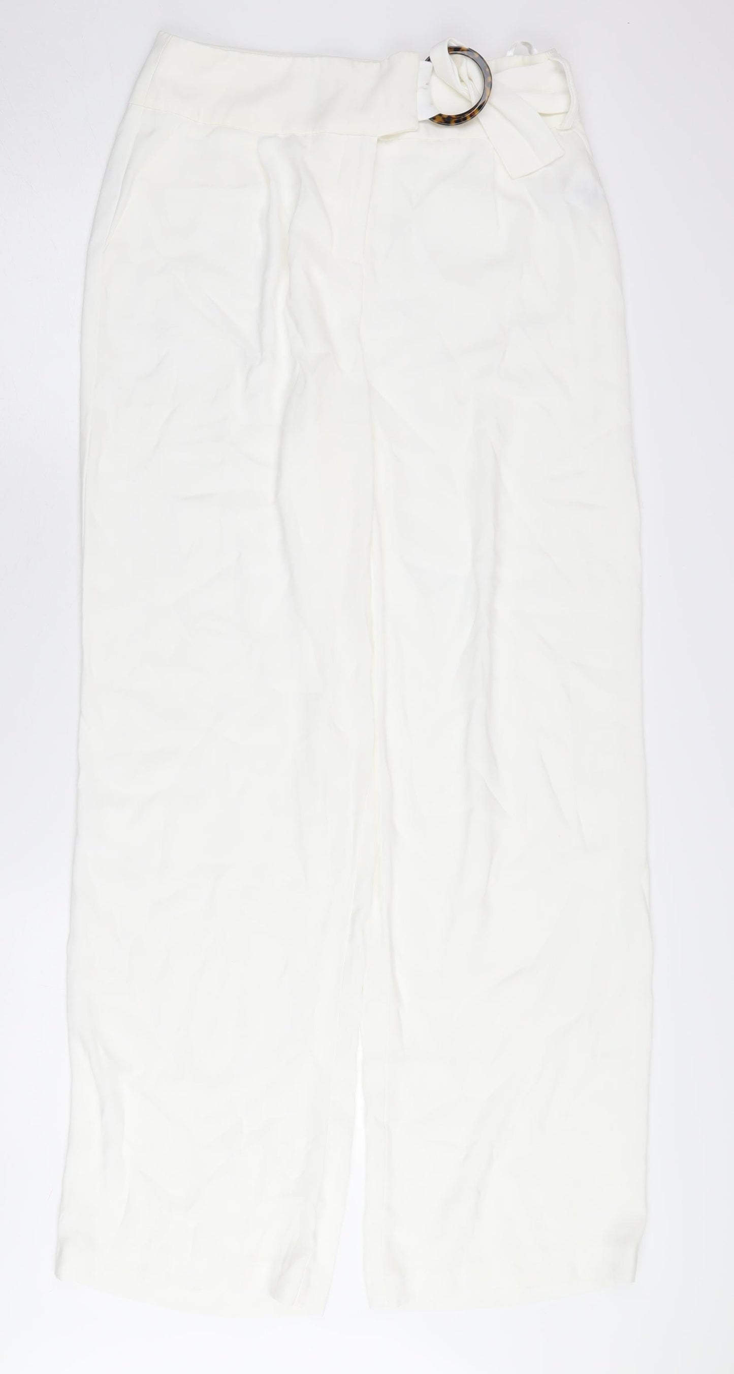 Lipsy Women's White Wide-Leg Belted Trousers Size 12
