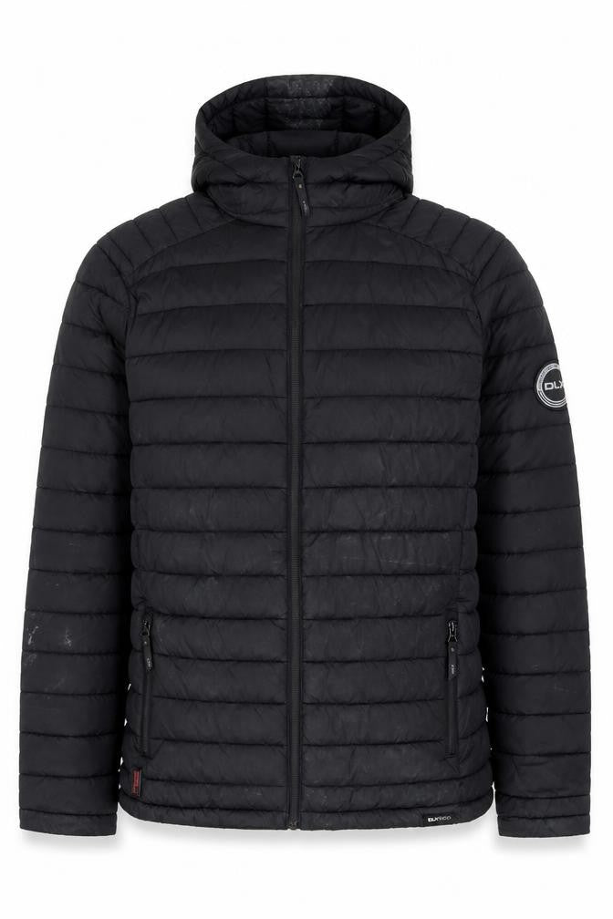 Front view of DLX Men's Black Hooded Puffer Jacket, size S