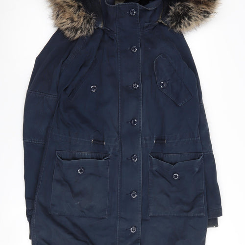 hush Women's Blue Parka Size 6, Fur Trim, Hooded, Lined