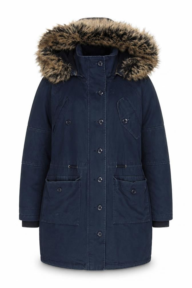 Front view of hush Women's Blue Parka, size 6, Fur Trim, Hooded, Lined