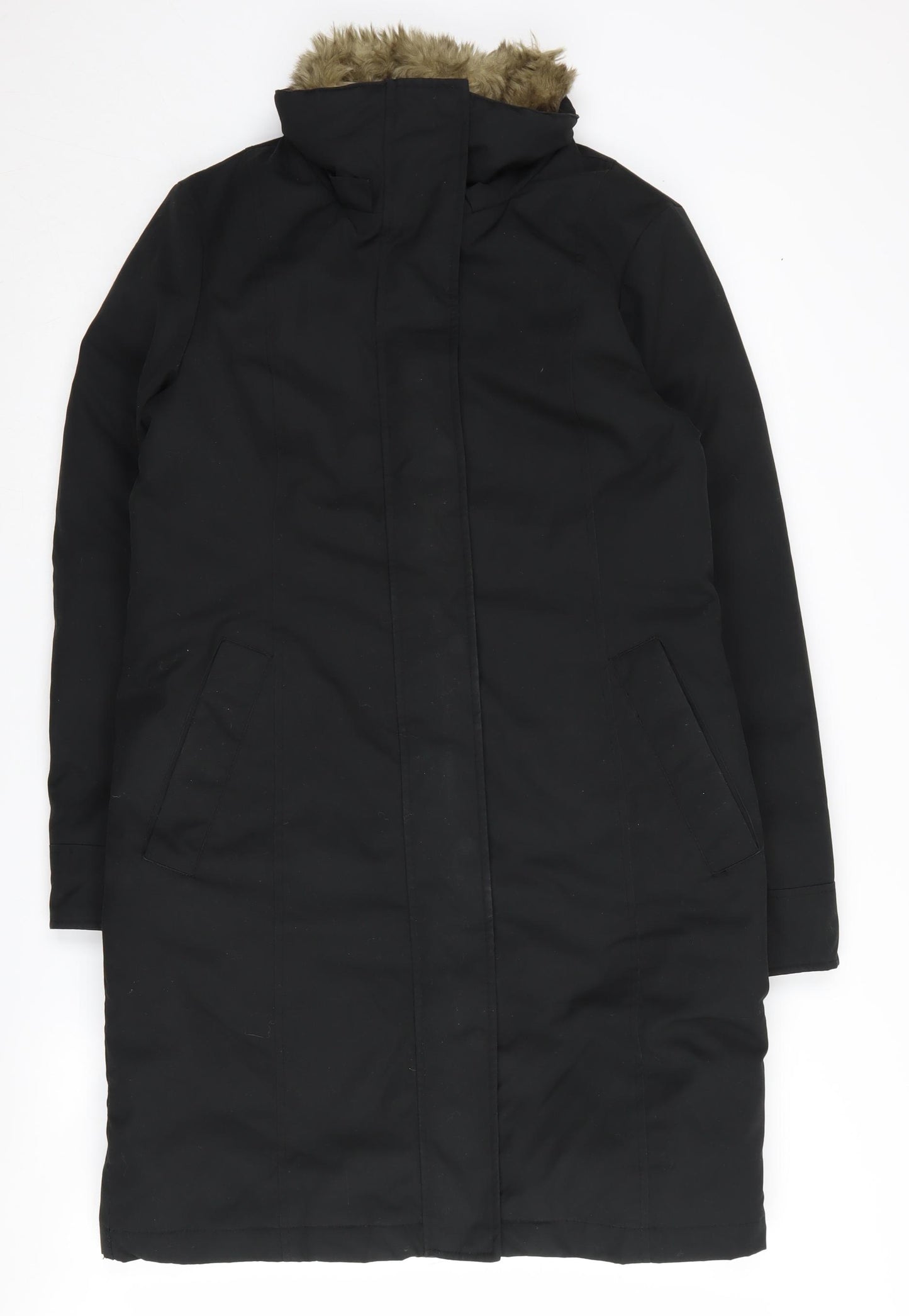 Warehouse Women's Black Parka Coat with Fur Trim Size 12