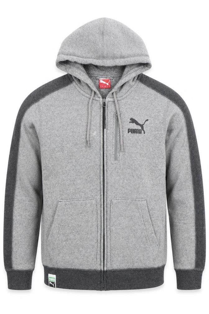 Front view of Puma Men's Grey Full Zip Hoodie S, Logo Detail