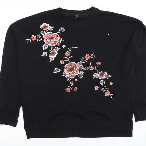 New Look Women's Black Floral Embroidered T-Shirt Size 10