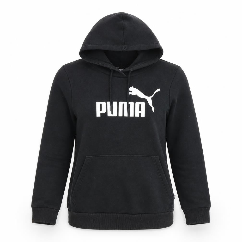 Front view of Puma Black unisex pullover hoodie, size 12, casual style