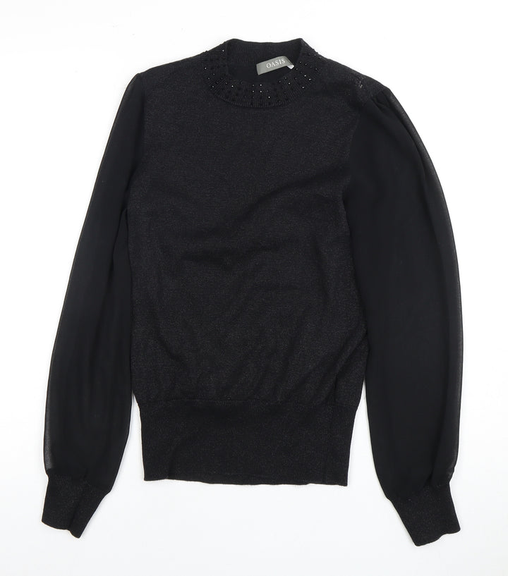 Oasis Women's Black High Neck Beaded Sweatshirt Size S
