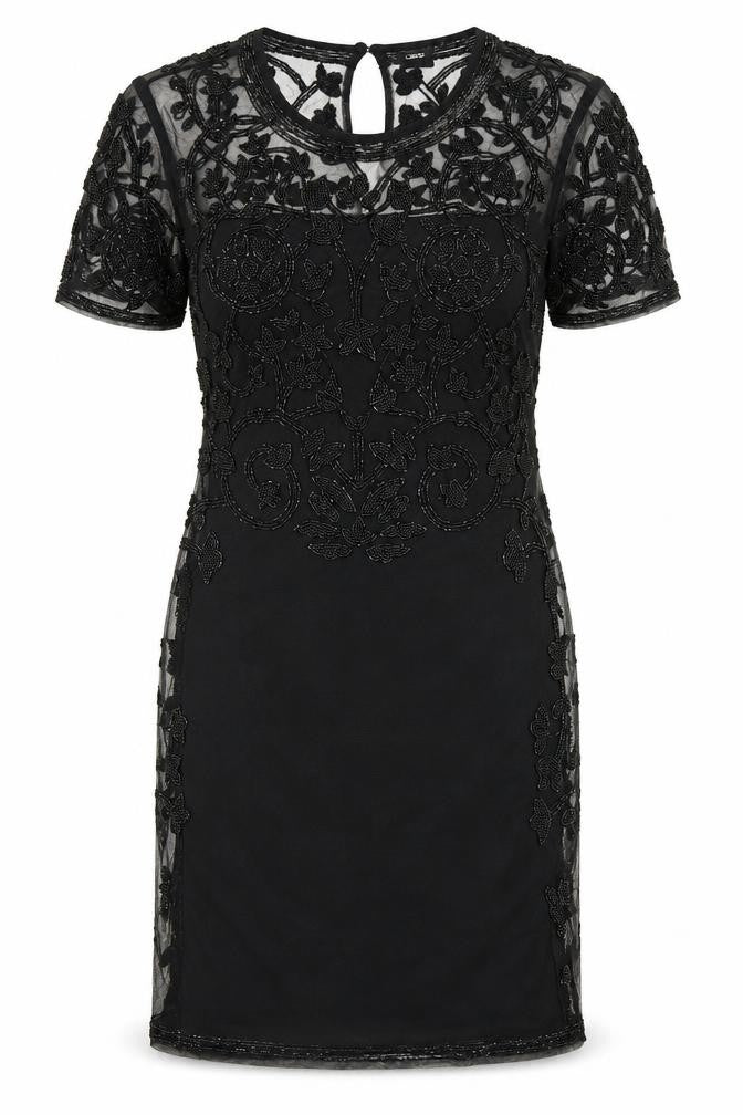 Front view of ASOS Women's Black Beaded Sheath Dress, size 10