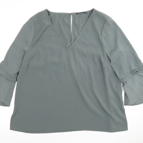 TOKITO Women's Green V-Neck Bell Sleeve Blouse