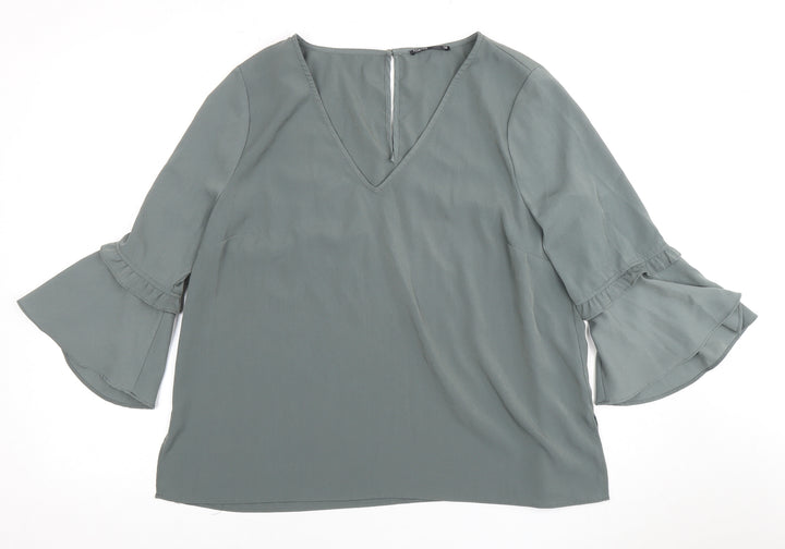TOKITO Women's Green V-Neck Bell Sleeve Blouse
